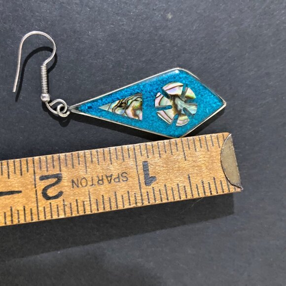 Vintage Mexican Alpaca Silver Turquoise And Abalone Inlay Dangle Earrings - Picture 3 of 3